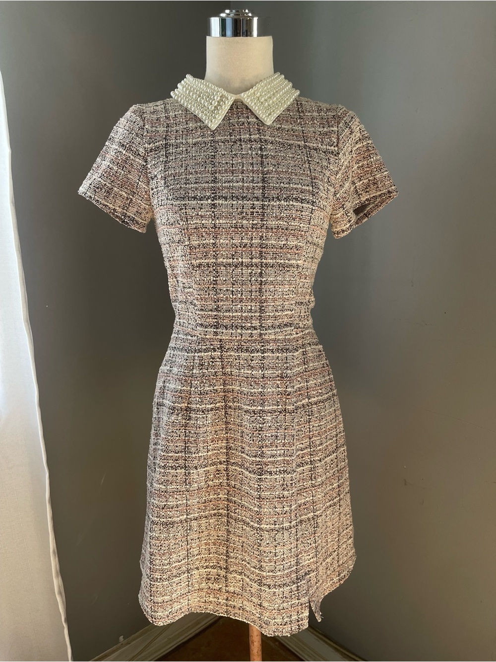 miami Pearl-Trim Tweed A-Line Dress in Cream and Gray